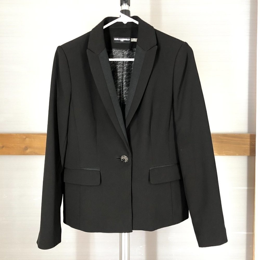 Karl Lagerfeld Paris Black Blazer Single Button Grosgrain Trim Crystal‎ Button